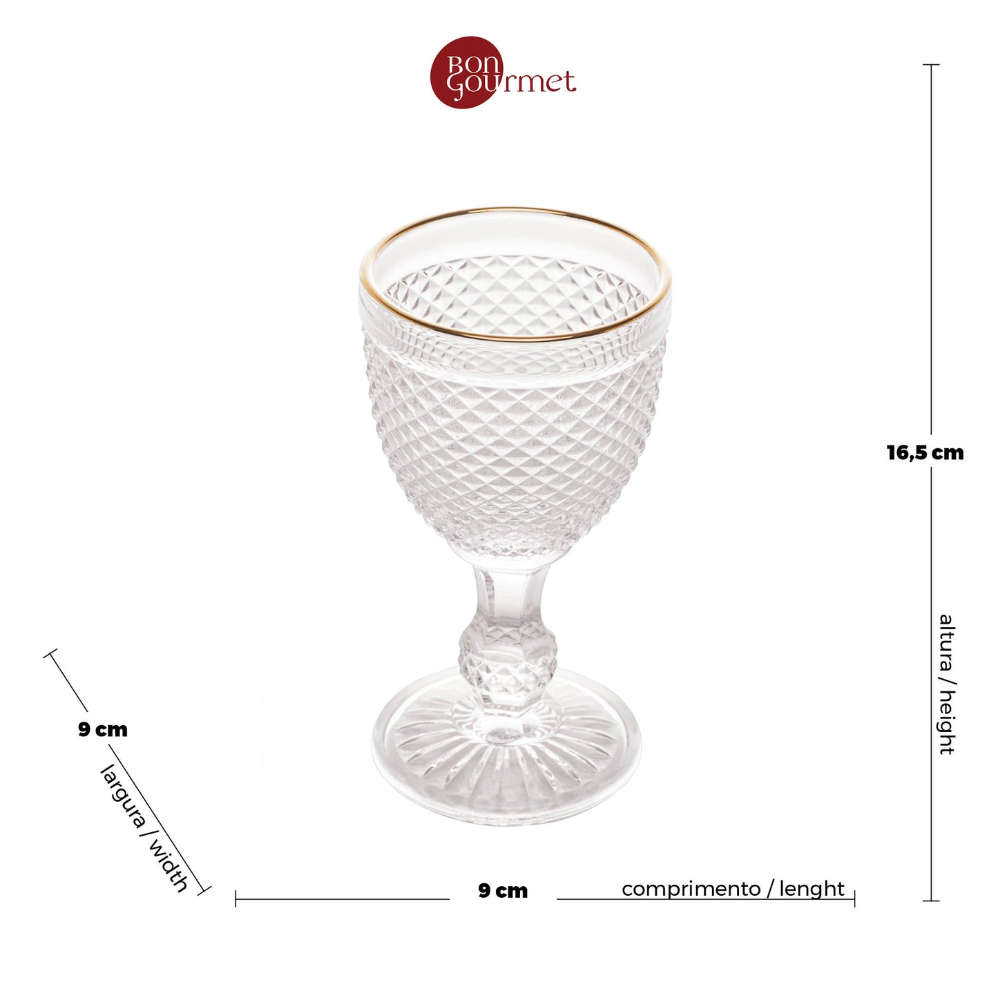 Conjunto 6 Taças de Água De Vidro Com Fio Dourado Bico De Jaca 300Ml - Wolff