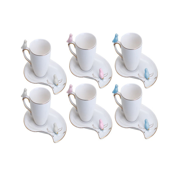 Conjunto 6 Xícaras de Café de Porcelana Cute Birds Design Plate Colorido 90ml - Wolff
