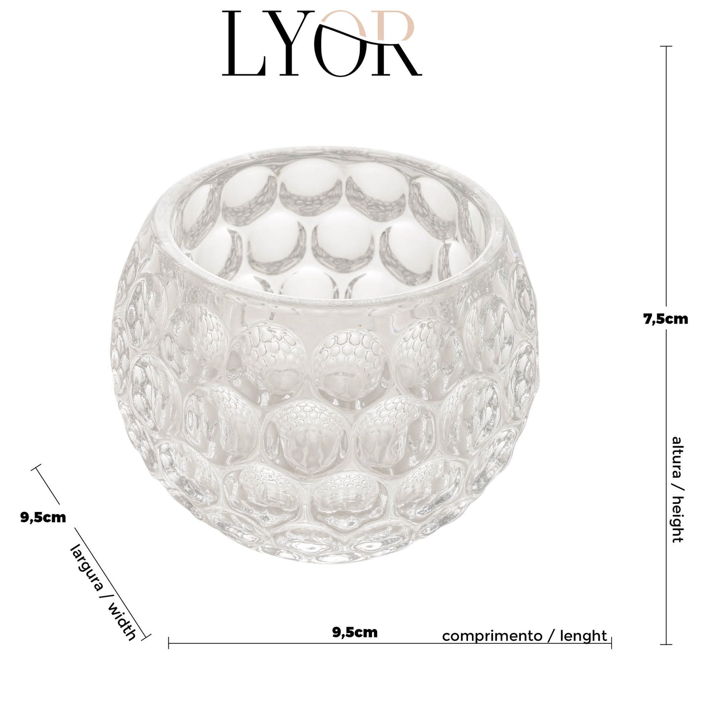 Porta Velas de Cristal Bolhas 10cm x 9,5cm x 7,5cm - Lyor