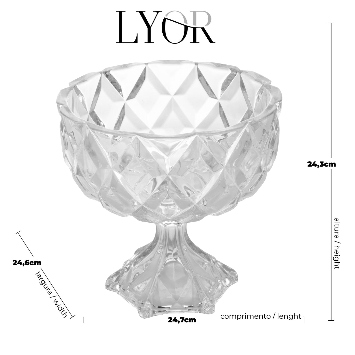 Centro de Mesa Decorativo de Cristal com Pé Deli Diamond 24,5cm x 24cm - Lyor