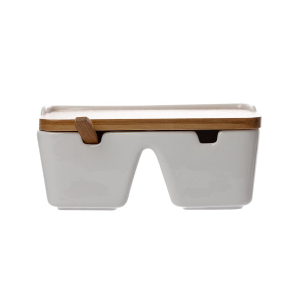 Saleiro de Mesa com 2 Divisórias de Cerâmica e Tampa de Bambu e Colher Bianco 20cm x 9cm - Lyor