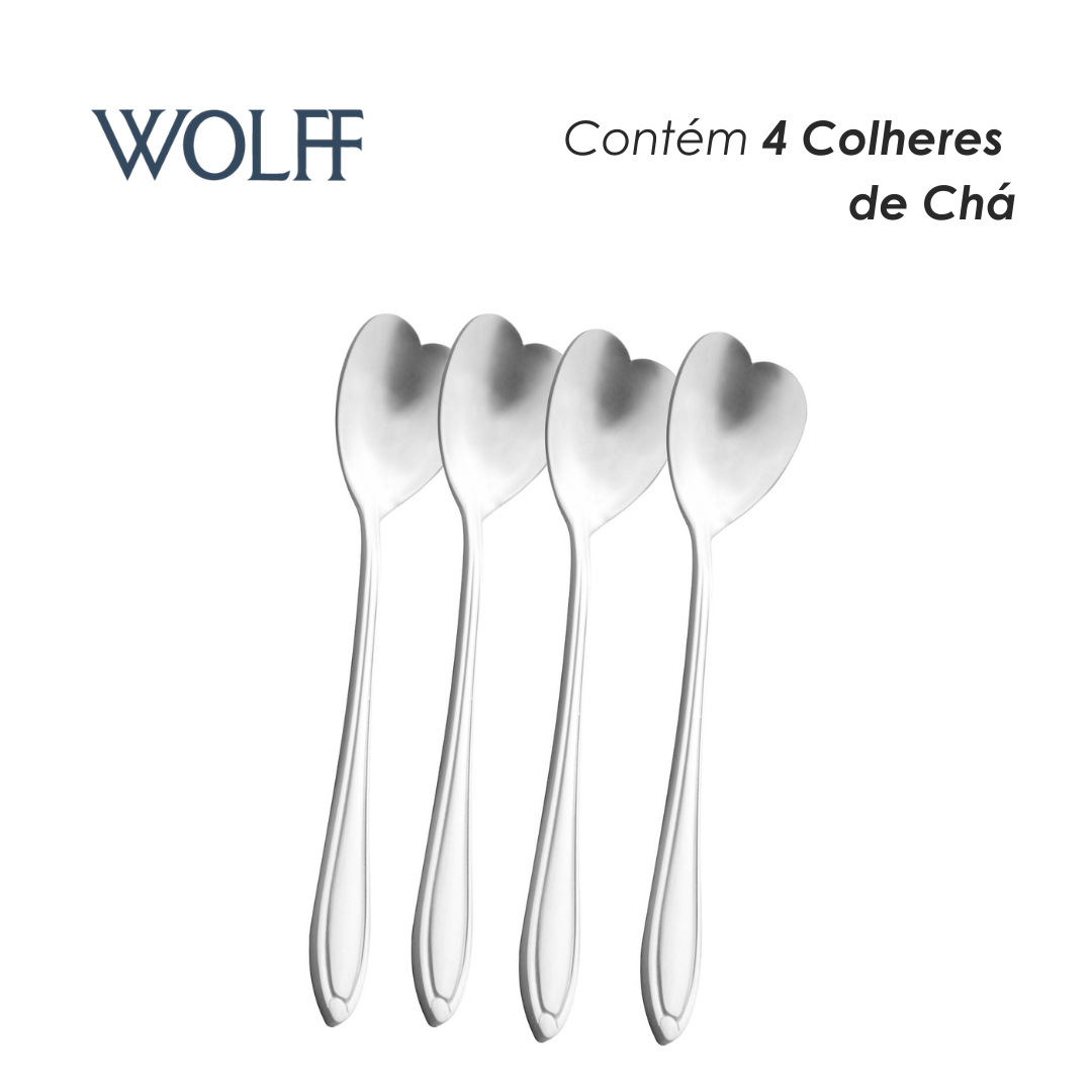 Conjunto 4 Colheres de Chá de Aço Inox Heart Prata - Wolff