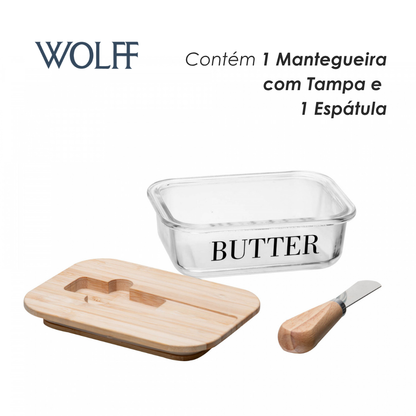 Manteigueira com Espátula e Tampa de Bambu Basic 15cm x 11cm x 5cm Vidro – Wolff
