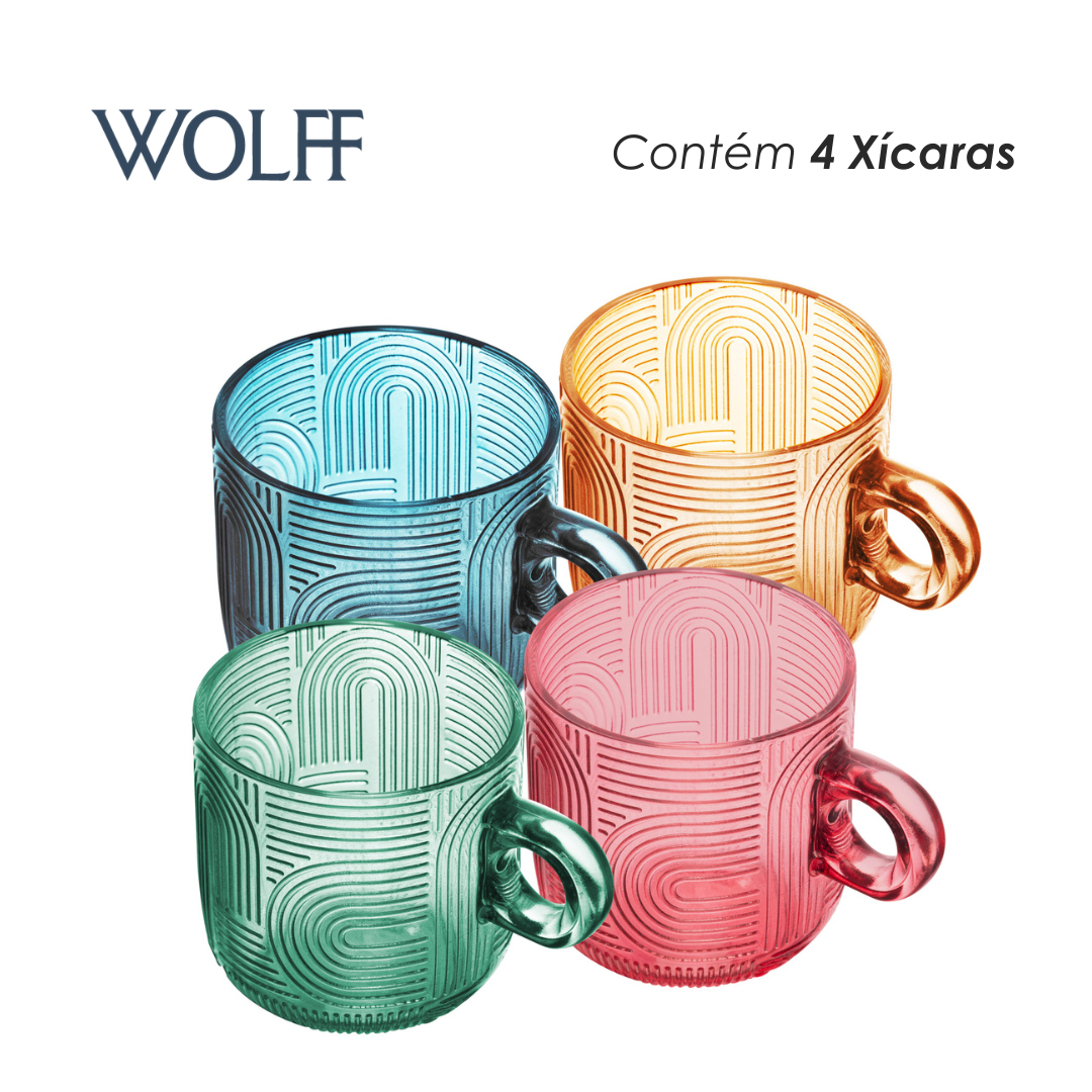 Conjunto 4 Xícaras de Vidro Frankfurt Colorido 100ml - Wolff