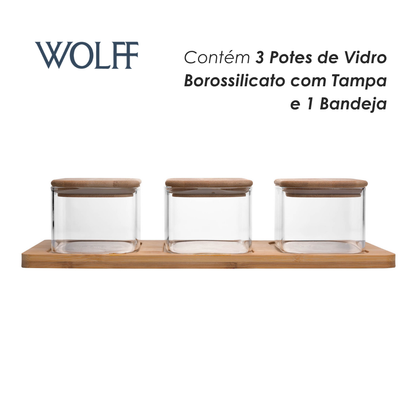Conjunto 3 Potes com Tampa e Bandeja de Bambu Vidro Borossilicato - Wolff
