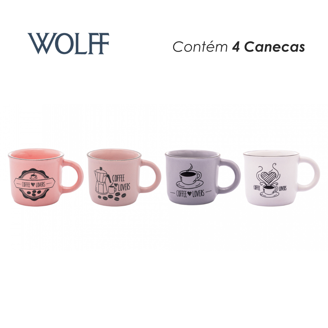 Conjunto 4 Canecas de Café de Cerâmica Coffee Lovers 60ml - Wolff
