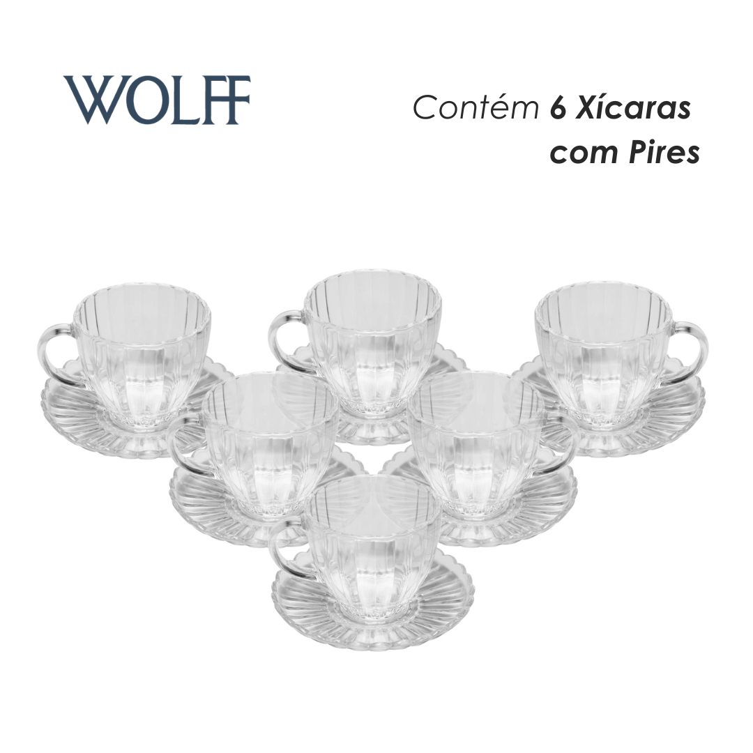 Conjunto 6 Xícaras de Chá de Vidro com Pires Pétala 200ml - Wolff