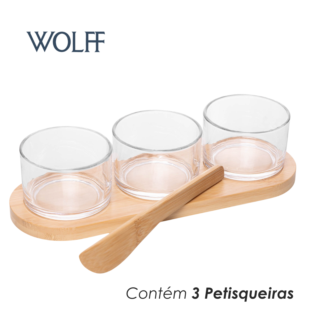 Conjunto 3 Petisqueiras com Espátula e Bandeja Bambu 25,5cm x 9cm x 5,5cm Vidro - Wolff