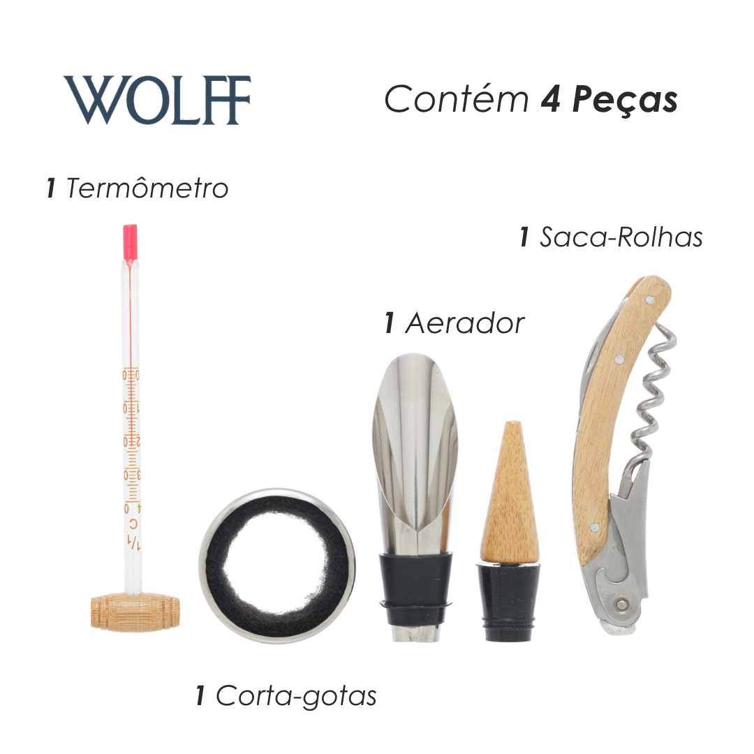 Conjunto 4 Peças de Aço Inox Detalhe Estilo Madeira para Vinho com Caixa - Wolff