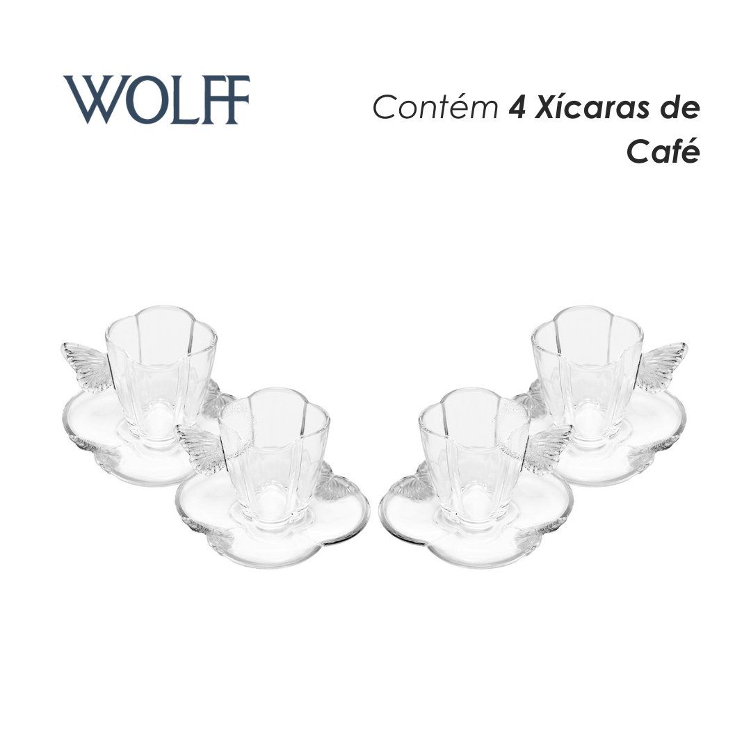 Conjunto 4 Xícaras de Café com Pires Butterfly 80ml Cristal - Wolff