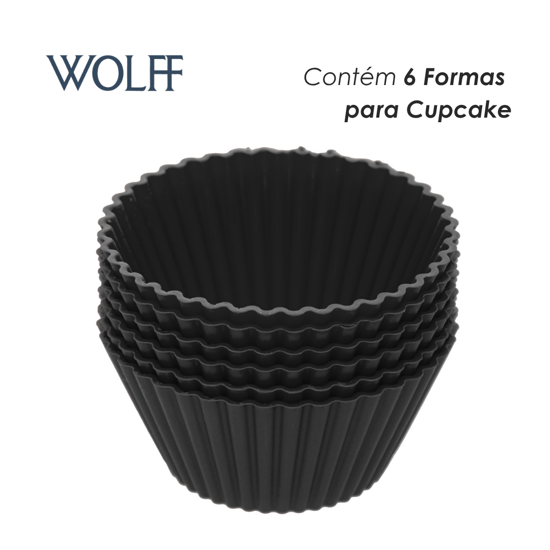 Conjunto 6 Formas Redondas para Cupcake 7cm x 3cm Preta Silicone - Lyor
