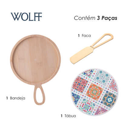 Conjunto 3 Peças para Queijo com Bandeja de Bambu Faca Dourada e Tábua Ladrilho 20x28x2cm - Wolff