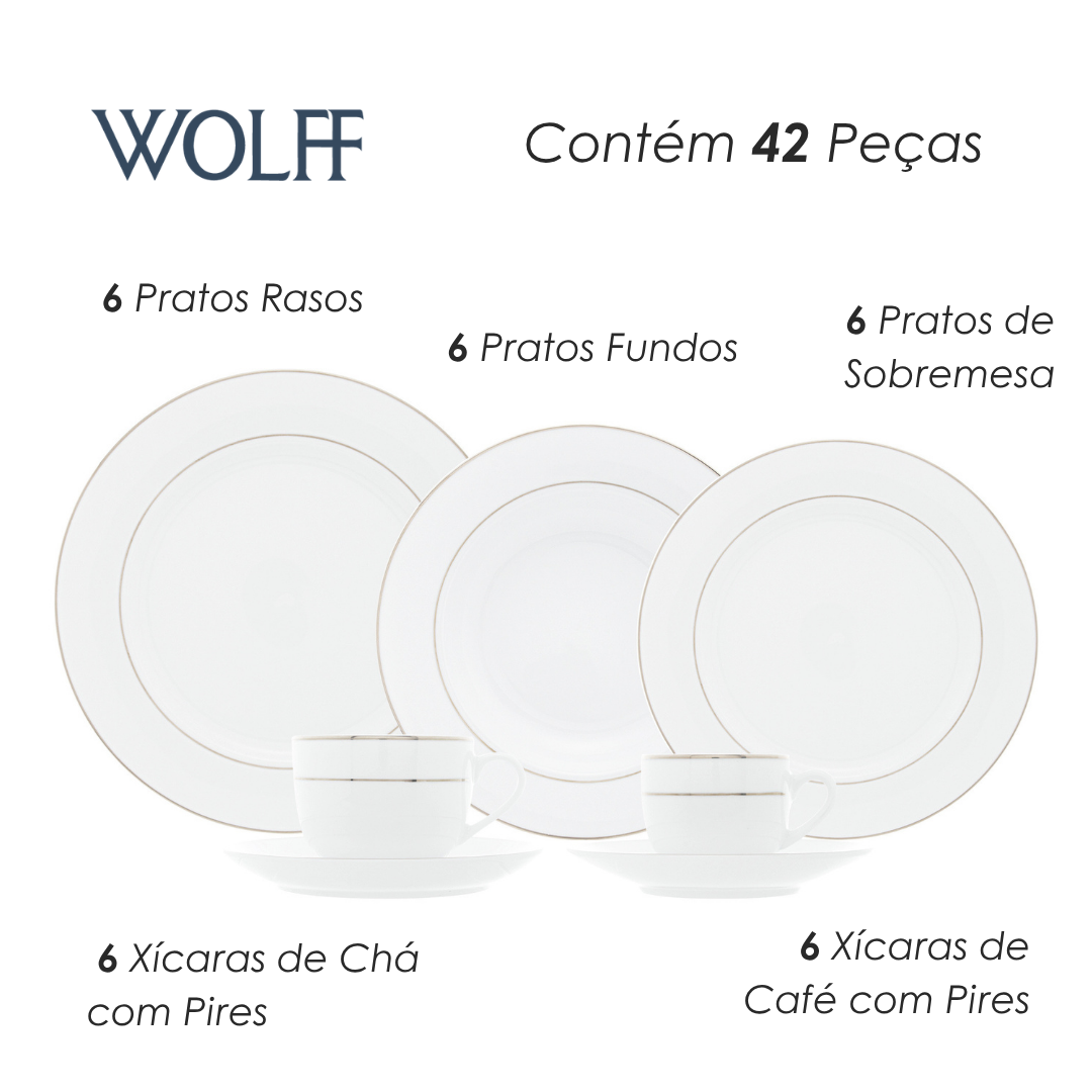 Aparelho de Jantar 42 Peças de Porcelana com Borda Prateada Mônaco Branco - Wolff