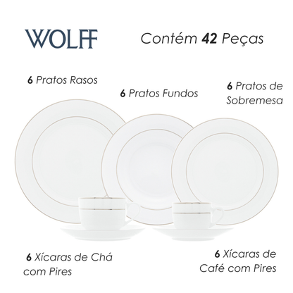 Aparelho de Jantar 42 Peças de Porcelana com Borda Prateada Mônaco Branco - Wolff