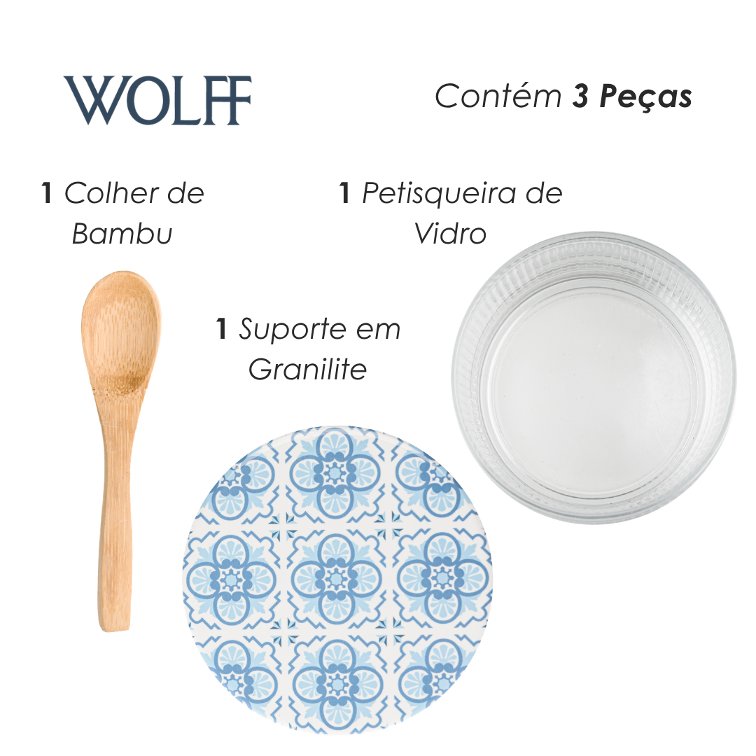 Conjunto 3 Peças Petisqueira Redonda com Colher e Suporte Mosaico 10cm x 10cm x 6,5cm Vidro - Wolff