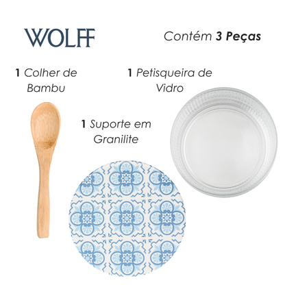 Conjunto 3 Peças Petisqueira Redonda com Colher e Suporte Mosaico 10cm x 10cm x 6,5cm Vidro - Wolff