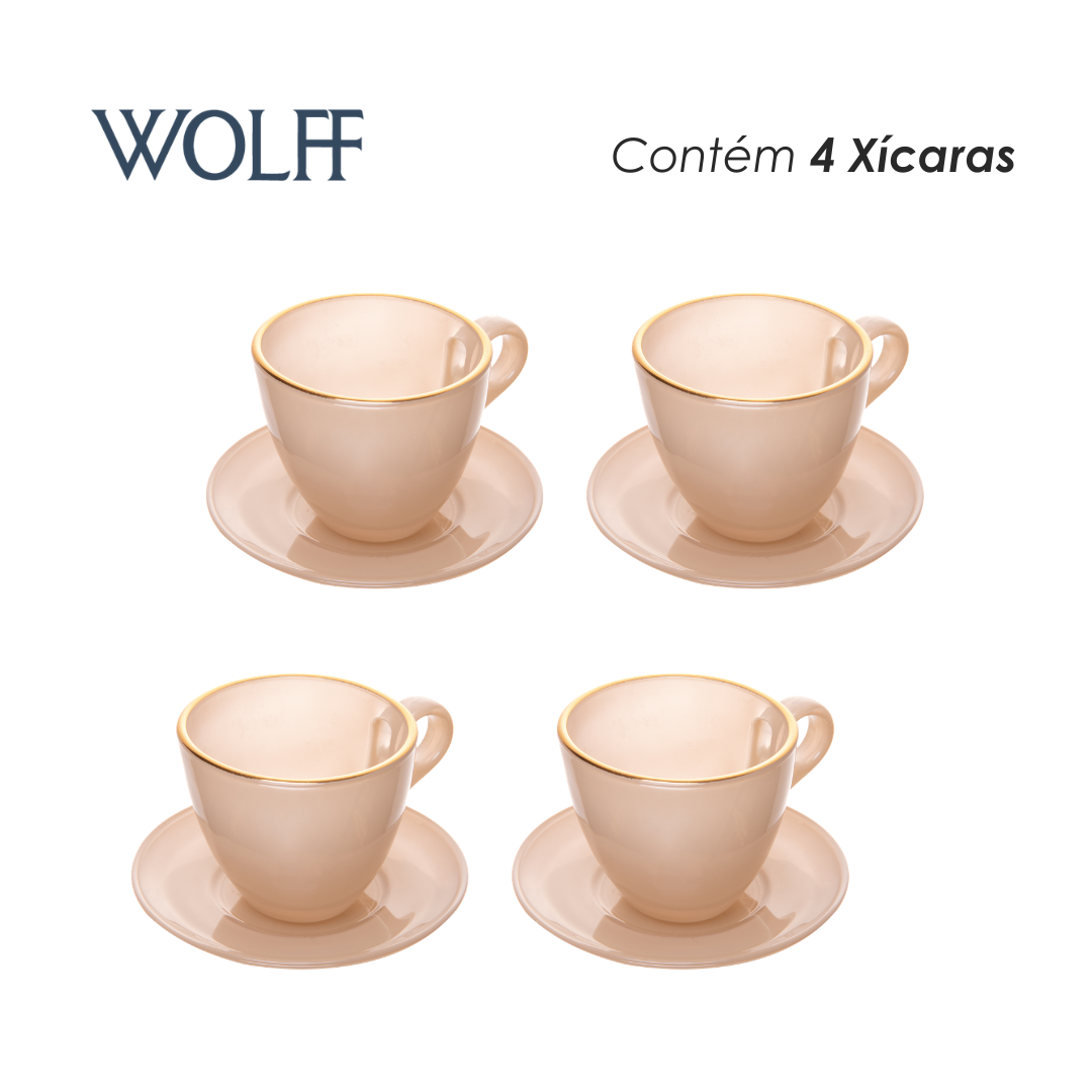 Conjunto 4 Xícaras de Chá com Pires Milky com Fio de Ouro 170ml Areia Vidro - Wolff