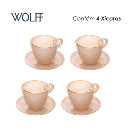 Conjunto 4 Xícaras de Chá com Pires Milky com Fio de Ouro 170ml Areia Vidro - Wolff