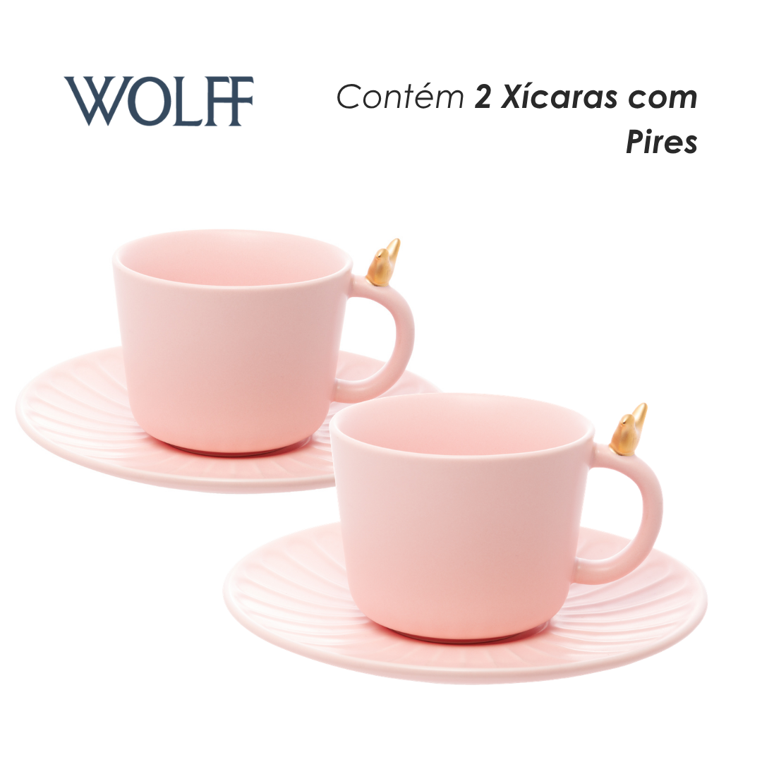 Conjunto 2 Xícaras de Chá de Cerâmica Colibri com Pires Rosa 170ml - Wolff