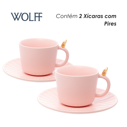 Conjunto 2 Xícaras de Chá de Cerâmica Colibri com Pires Rosa 170ml - Wolff