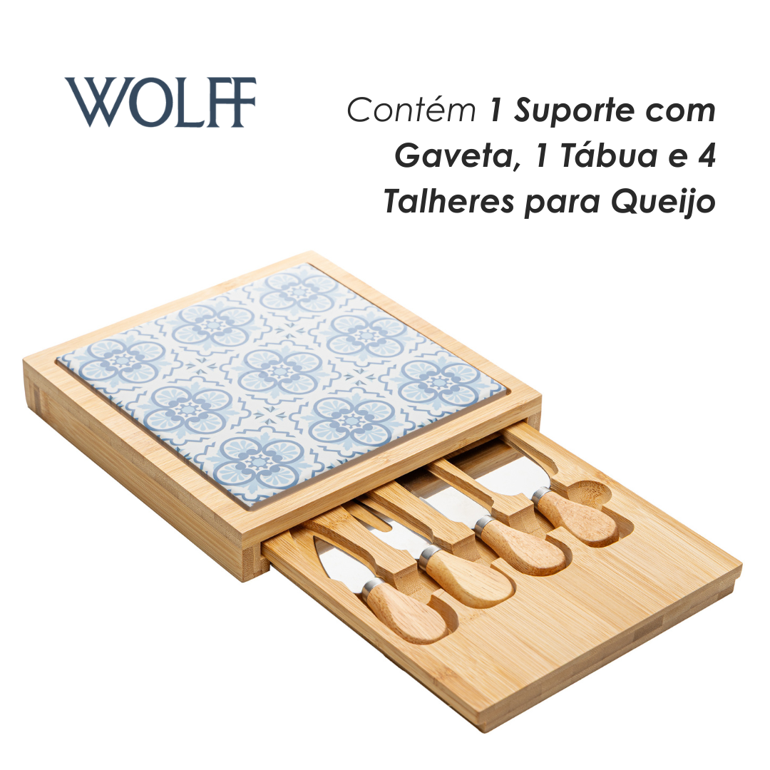 Conjunto 6 Peças para Queijo Tábua com Gaveta Mosaico 23cm x 23cm x 4cm Bambu - Wolff