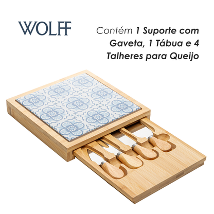 Conjunto 6 Peças para Queijo Tábua com Gaveta Mosaico 23cm x 23cm x 4cm Bambu - Wolff
