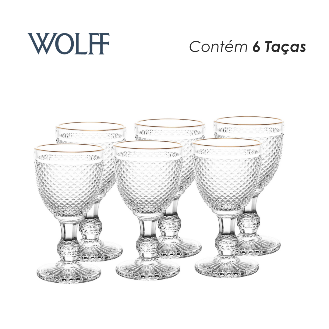 Conjunto 6 Taças de Água De Vidro Com Fio Dourado Bico De Jaca 300Ml - Wolff
