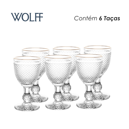 Conjunto 6 Taças de Água De Vidro Com Fio Dourado Bico De Jaca 300Ml - Wolff