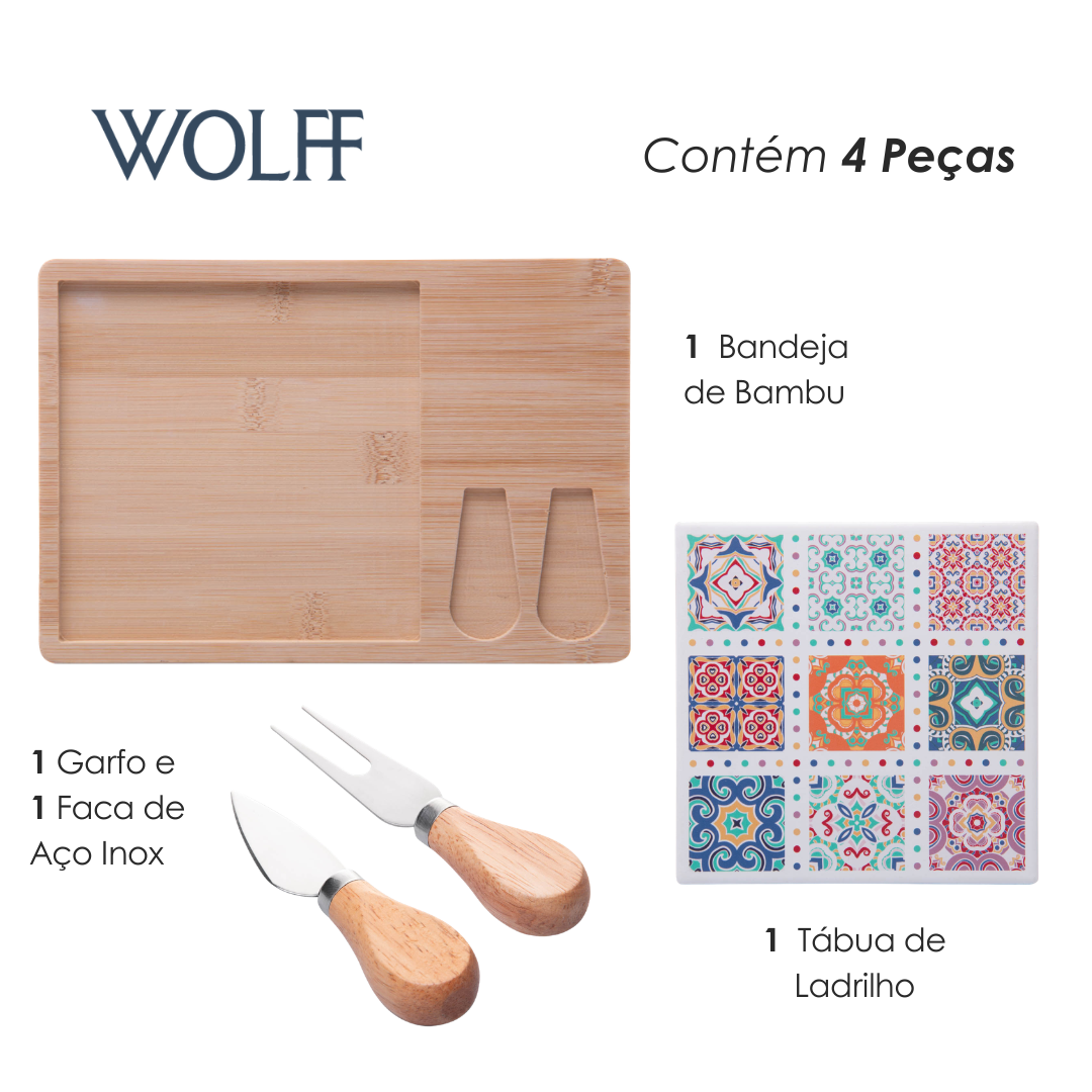 Conjunto 4 Peças para Queijo com Bandeja de Bambu e Tábua Ladrilho 17x25x2cm - Wolff