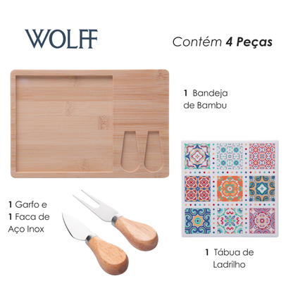 Conjunto 4 Peças para Queijo com Bandeja de Bambu e Tábua Ladrilho 17x25x2cm - Wolff