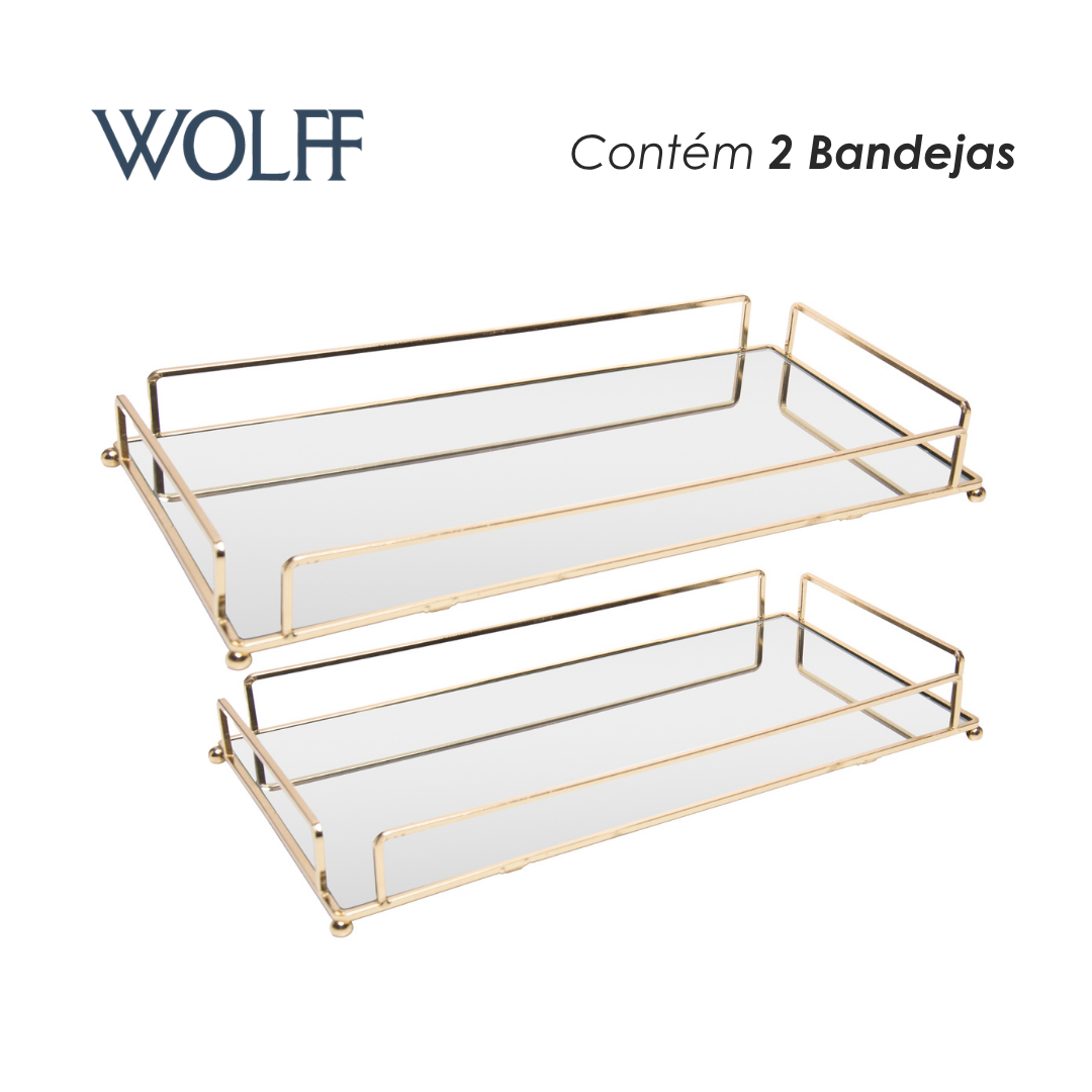 Conjunto 2 Bandejas Decorativas de Metal Dourada 36cm x 20cm x 5cm/34cm x 16cm x 4cm - Wolff