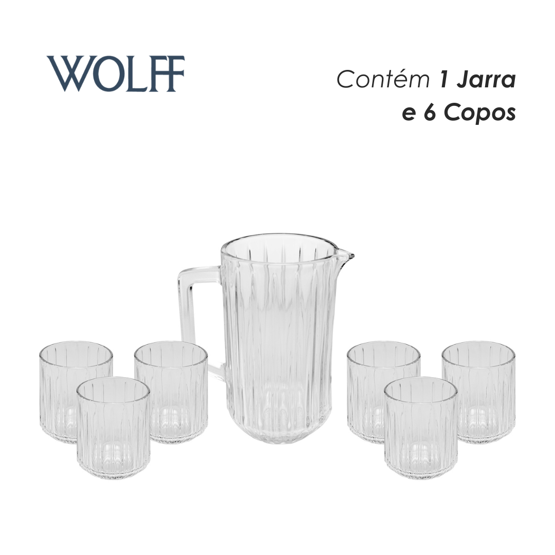 Conjunto 7 Peças Jarra com 6 Copos de Cristal Ecológico Bangkok 1,45L/300ml - Wolff