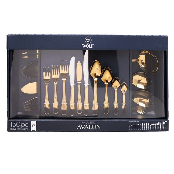 Faqueiro 130 Peças com Caixa Litografada Avalon Dourado Aço Inox - Wolff