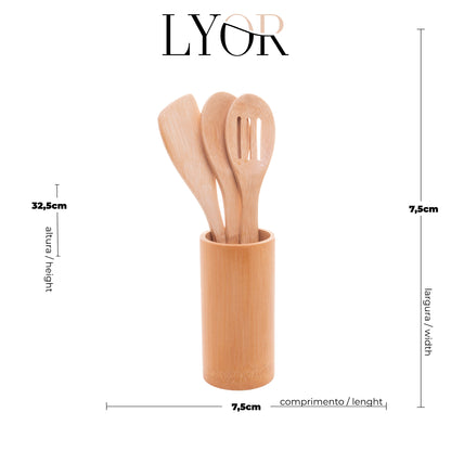 Conjunto 3 Utensílios e Suporte em Bambu - Lyor