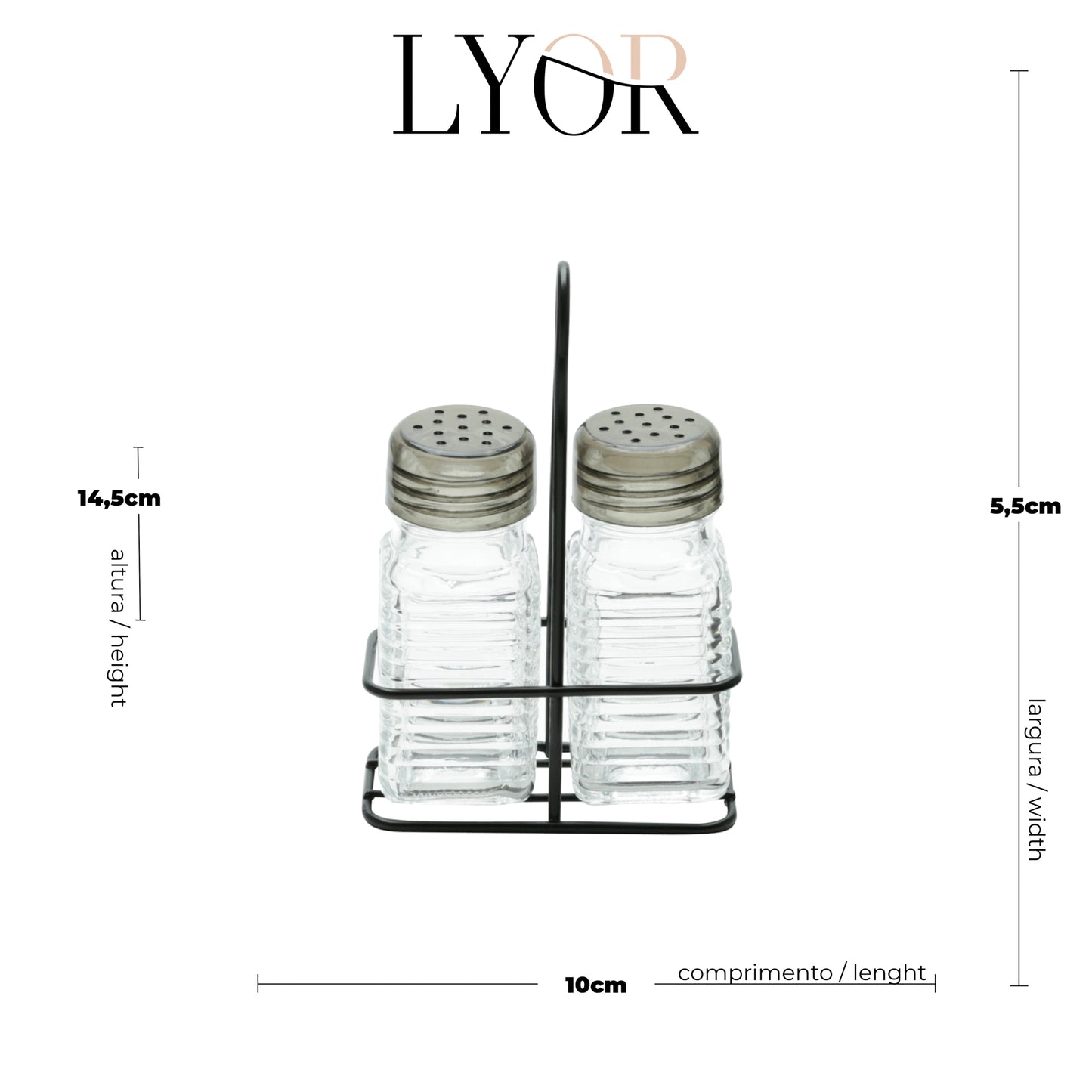 Conjunto Saleiro e Pimenteiro de Vidro com Suporte de Metal Preto 70ml -  Lyor