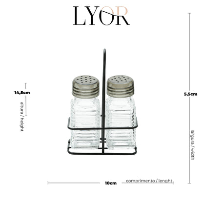 Conjunto Saleiro e Pimenteiro de Vidro com Suporte de Metal Preto 70ml -  Lyor