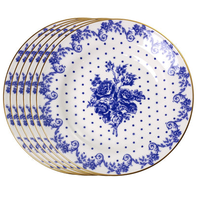 Jogo 6 Pratos Fundos Duchesse Blue com Fio de Ouro 21,5cm Branco Cerâmica - Wolff