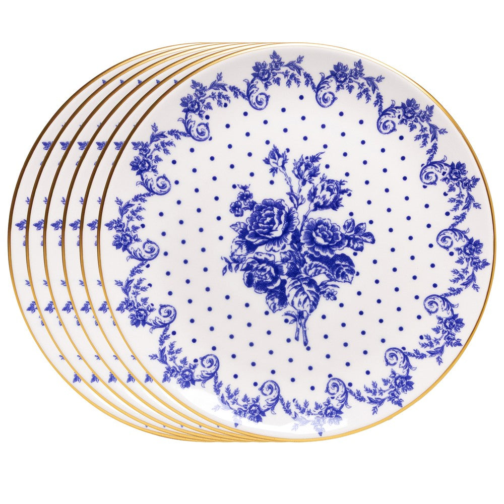 Jogo 6 Pratos Rasos Duchesse Blue com Fio de Ouro 26cm Branco Cerâmica - Wolff
