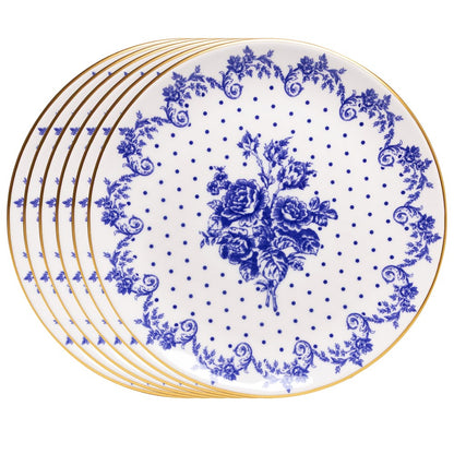 Jogo 6 Pratos Rasos Duchesse Blue com Fio de Ouro 26cm Branco Cerâmica - Wolff