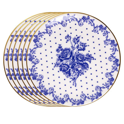 Jogo 6 Pratos para Sobremesa Duchesse Blue com Fio de Ouro 19cm Branco Cerâmica - Wolff