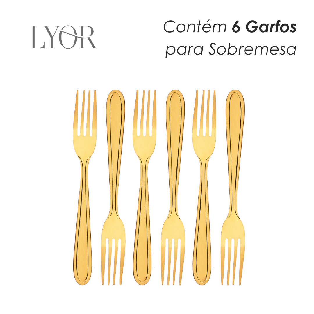 Conjunto 6 Garfos para Sobremesa Gastro Dourado Aço Inox - Lyor