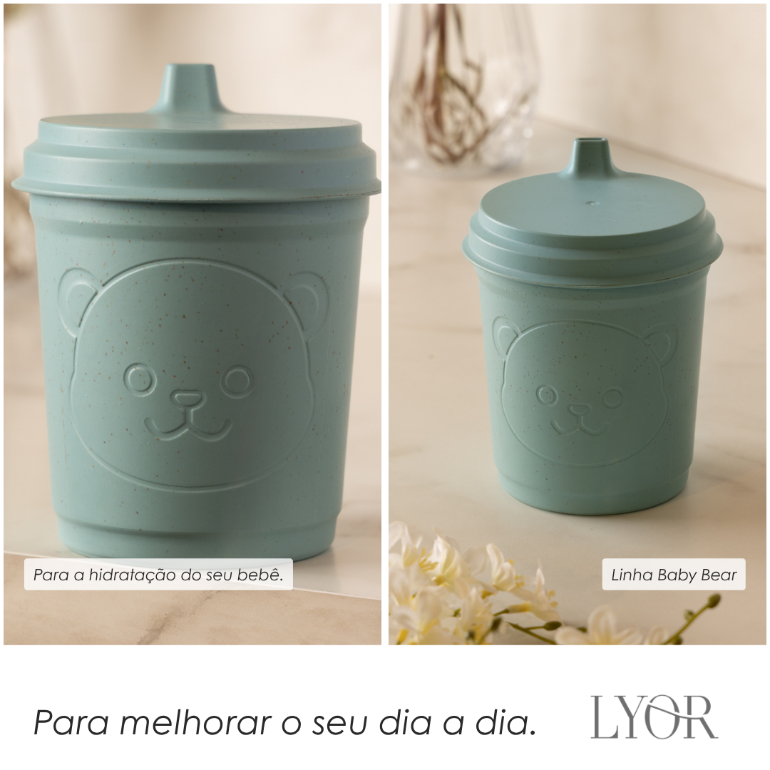 Copo com Tampa Baby Bear 450ml Azul PP e Bambu - Lyor