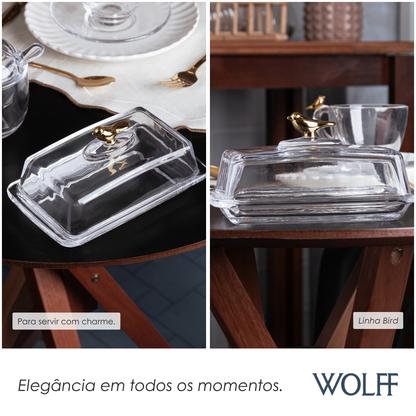 Manteigueira Retangular com Tampa Golden Bird 18cm - Cristal Ecológico | Wolff