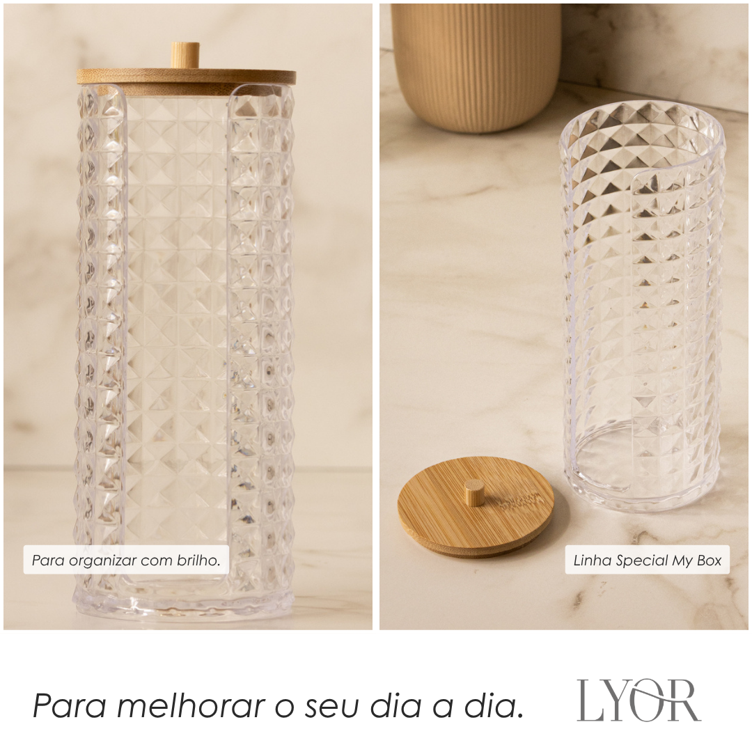 Porta Algodão com Tampa de Bambu Special My Box 7cm x 7cm x 17cm Plástico - Lyor