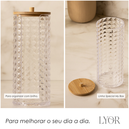 Porta Algodão com Tampa de Bambu Special My Box 7cm x 7cm x 17cm Plástico - Lyor
