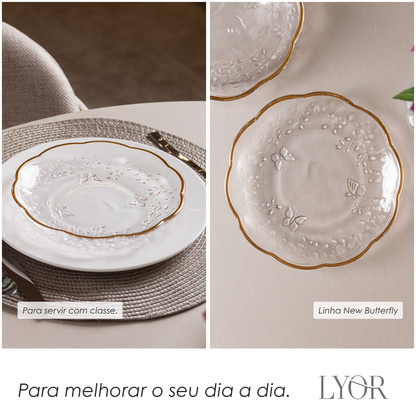 Prato para Sobremesa New Butterfly com Fio de Ouro 20cm Cristal Ecológico - Lyor