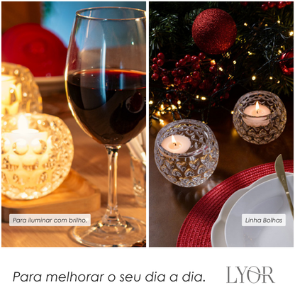 Porta Velas de Cristal Bolhas 10cm x 9,5cm x 7,5cm - Lyor