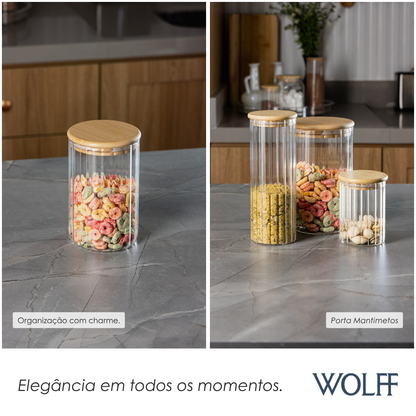 Porta Mantimento com Tampa de Bambu Canelado 400ml Vidro Borossilicato – Wolff