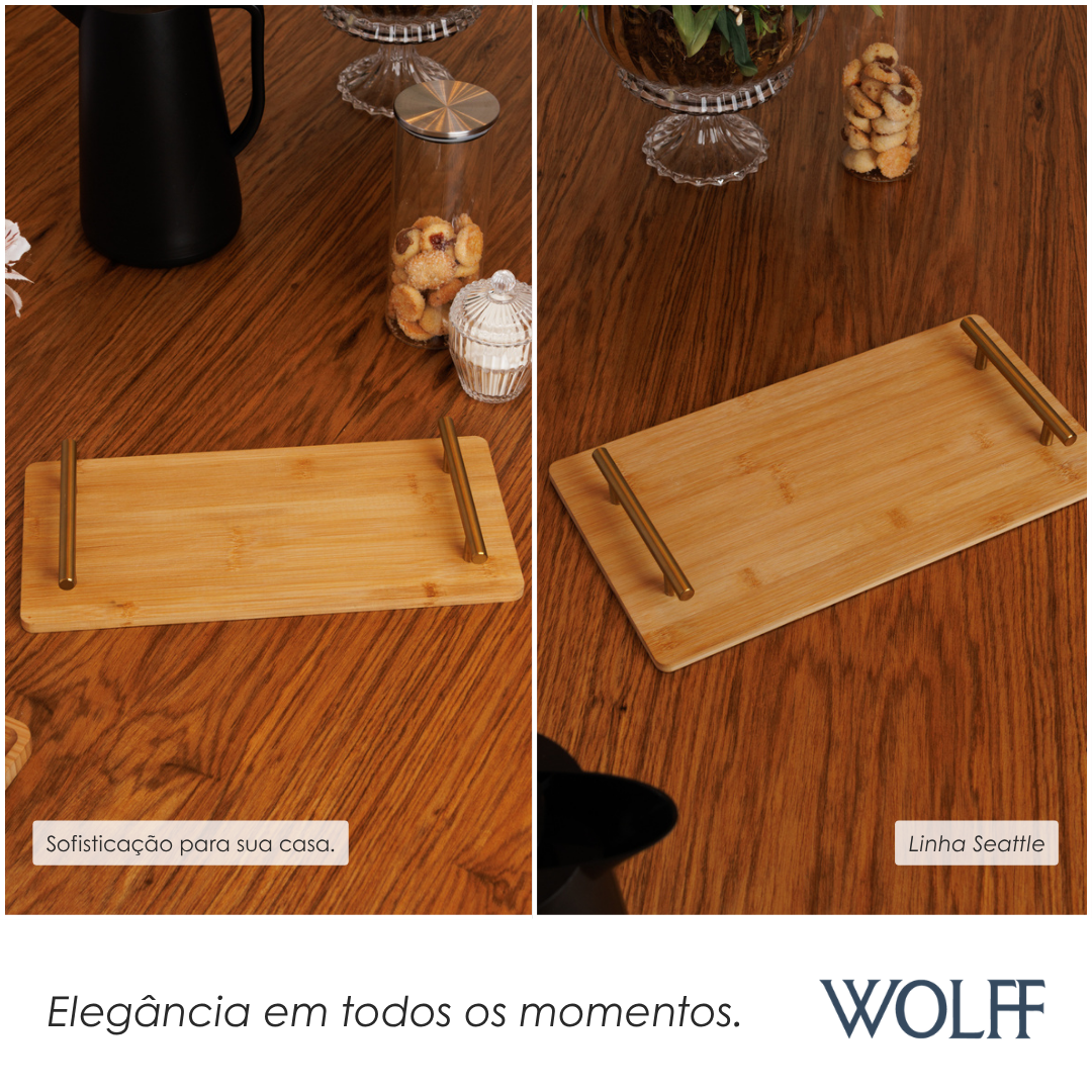 Bandeja com Alça de Metal Dourada Seattle 39cm x 21cm Natural Bambu- Wolff