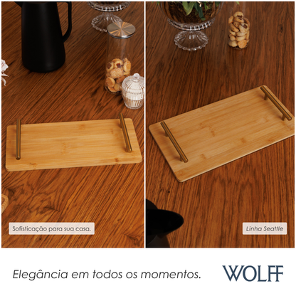 Bandeja com Alça de Metal Dourada Seattle 39cm x 21cm Natural Bambu- Wolff